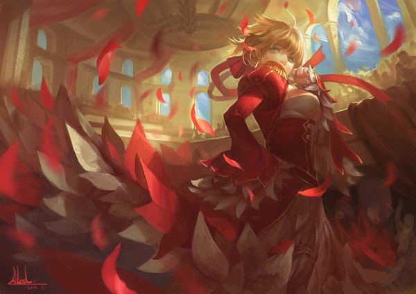 Anime picture 2093x1480 with fate (series) fate/stay night fate/extra studio deen type-moon nero claudius (fate) (all) nero claudius (fate) alcd single highres short hair blonde hair green eyes looking back girl dress earrings petals epaulettes