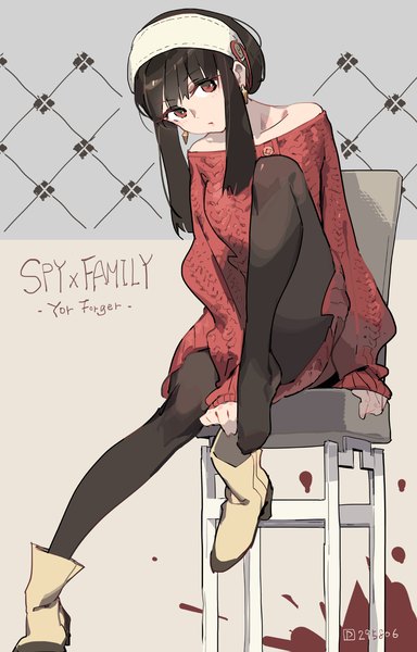 Anime picture 1023x1600 with spy x family yor briar tennohi single long hair tall image looking at viewer fringe black hair red eyes sitting full body copyright name character names shoes removed girl dress earrings pantyhose hairband