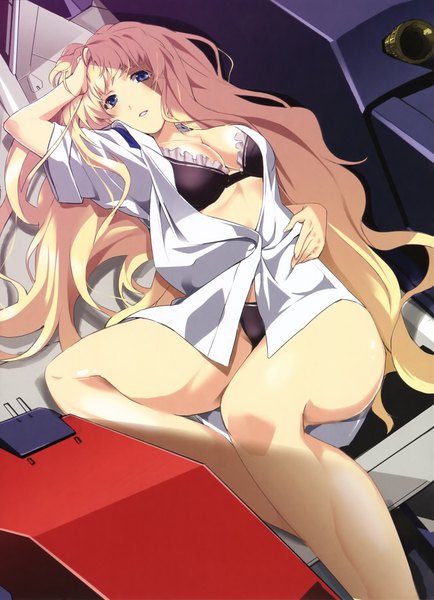 Anime picture 2850x3936 with macross macross frontier sheryl nome long hair tall image highres blue eyes light erotic blonde hair lying girl underwear panties