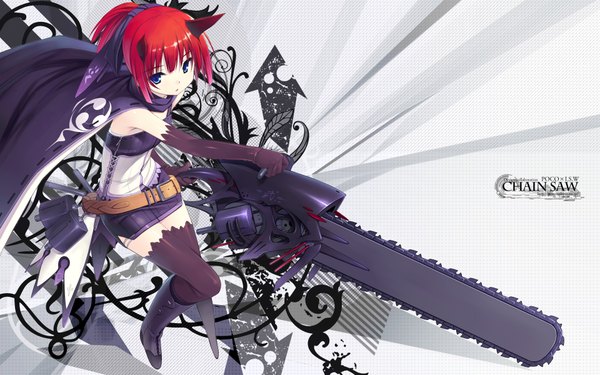 Anime picture 1920x1200 with poco (asahi age) highres wide image animal ears red hair wallpaper girl thighhighs gloves weapon elbow gloves belt cloak chainsaw asahiage
