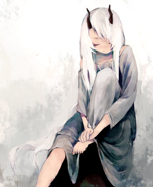 Anime picture 900x1100 with original met-tha single long hair tall image simple background sitting bare shoulders white hair eyes closed horn (horns) oni horns leg hug girl