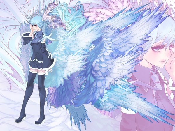 Anime picture 2000x1500 with vocaloid hatsune miku kansousamehada single long hair highres twintails blue hair head wings zoom layer girl thighhighs skirt detached sleeves miniskirt wings