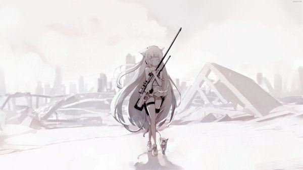 Anime picture 2880x1620 with girls frontline original awp (girls frontline) (dyolf) nekoya (liu) single long hair looking at viewer fringe highres blue eyes wide image standing holding animal ears full body outdoors white hair tail blunt bangs animal tail
