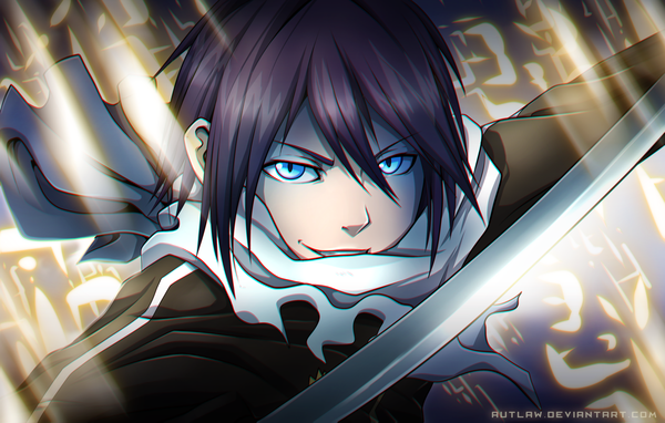 Anime picture 1600x1019 with noragami studio bones yato (noragami) autlaw single looking at viewer fringe short hair smile aqua eyes inscription close-up face glow boy weapon sword katana