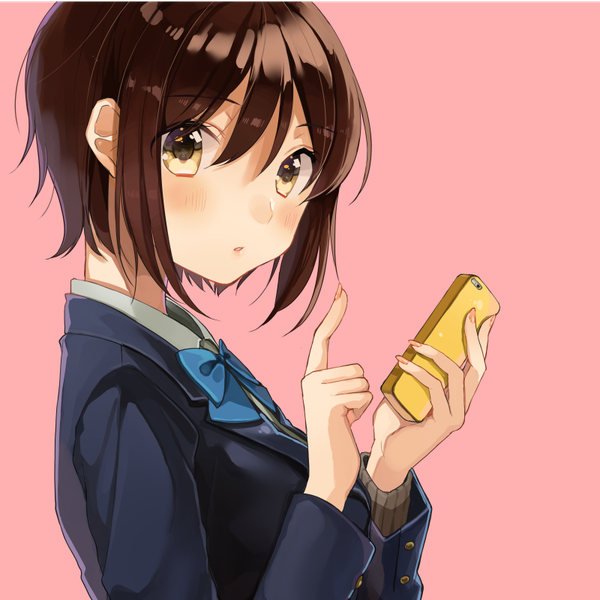 Anime picture 800x800 with original shigure ui single looking at viewer blush fringe short hair simple background hair between eyes brown hair holding brown eyes nail polish parted lips fingernails :o pink background girl uniform school uniform