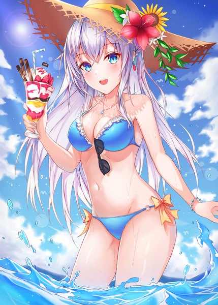 Anime picture 6424x8989 with original neon (hhs9444) single long hair tall image blush fringe highres breasts blue eyes light erotic hair between eyes large breasts holding looking away absurdres sky silver hair cloud (clouds) outdoors