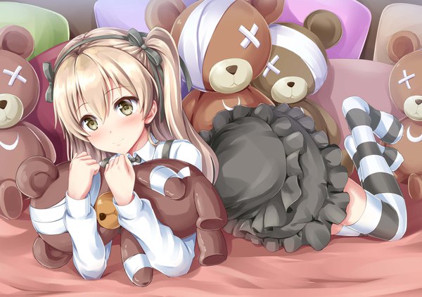 Anime picture 3809x2681 with girls und panzer shimada arisu boko (girls und panzer) kyamu (qqea92z9n) single long hair blush fringe highres blonde hair smile hair between eyes twintails brown eyes looking away absurdres lying no shoes on stomach girl