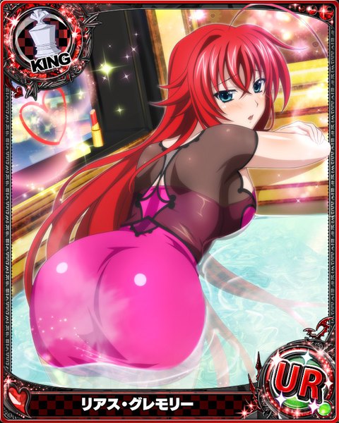 Anime picture 640x800 with highschool dxd rias gremory single tall image blush open mouth blue eyes light erotic looking away red hair very long hair card (medium) girl dress