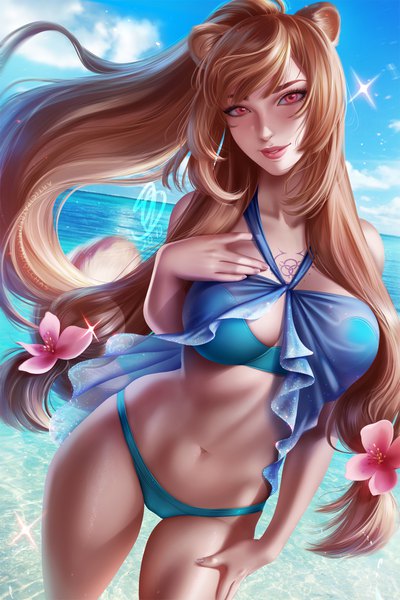 Anime picture 1600x2400 with tate no yuusha no nariagari kinema citrus raphtalia olchas single long hair tall image looking at viewer blush fringe breasts light erotic smile red eyes brown hair large breasts standing signed animal ears sky