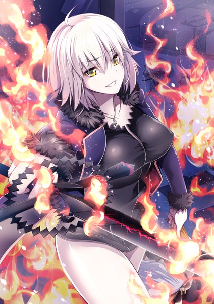 Anime picture 1771x2508 with fate (series) fate/grand order fate/apocrypha jeanne d'arc (fate) (all) jeanne d'arc alter (fate) imakan tall image looking at viewer fringe highres short hair breasts light erotic smile hair between eyes large breasts holding yellow eyes ahoge white hair