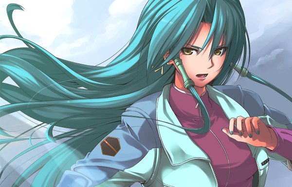 Anime picture 1280x820 with super robot wars nanaku teiru single long hair looking at viewer breasts open mouth twintails yellow eyes blue hair cloud (clouds) nail polish wind sunlight girl hair ornament earrings jewelry