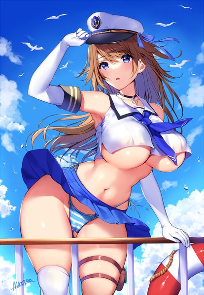 Anime picture 700x1013 with original matarou (genkai toppa) single long hair tall image blush fringe breasts open mouth blue eyes light erotic hair between eyes brown hair large breasts standing bare shoulders signed looking away sky cloud (clouds)