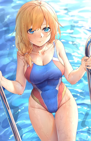 Anime picture 654x1017 with warship girls r rodney (warship girls r) ray (pixiv9514208) single long hair tall image looking at viewer blush fringe breasts blue eyes light erotic blonde hair hair between eyes large breasts standing cleavage from above light smile shadow