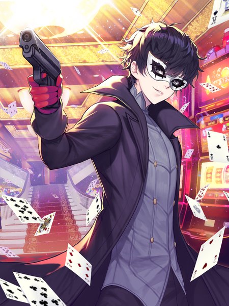 Anime picture 1000x1333 with persona 5 persona persona 5 the royal amamiya ren kyundoo single tall image looking at viewer fringe short hair black hair smile hair between eyes standing holding ahoge indoors head tilt sparkle grey eyes