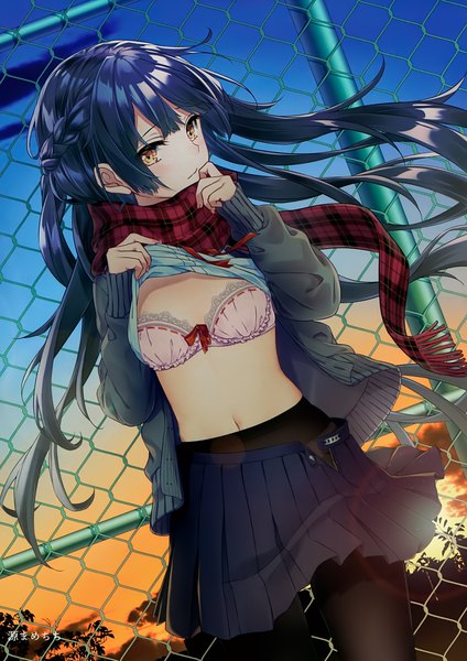 Anime picture 2496x3533 with original melonbooks minamoto mamechichi single long hair tall image blush fringe highres light erotic standing signed yellow eyes blue hair looking away outdoors braid (braids) pleated skirt wind scan