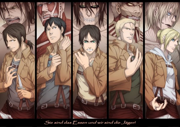 Anime picture 1500x1061 with shingeki no kyojin production i.g eren yaeger annie leonhart bertolt hoover ymir (shingeki no kyojin) reiner braun rogue titan colossal titan female titan armored titan dancing titan paleblood short hair blue eyes black hair blonde hair multiple girls brown eyes multiple boys