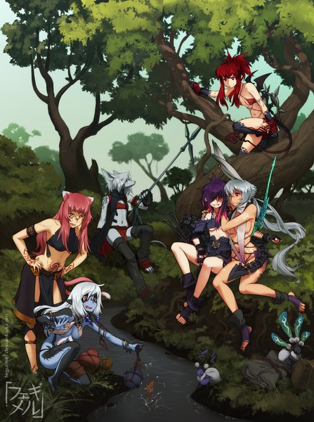 Anime-Bild 1194x1600 mit blazblue disgaea original etna (disgaea) kokonoe koi (pixytales) feguimel long hair tall image light erotic smile red eyes multiple girls animal ears pink hair silver hair purple hair red hair tail very long hair