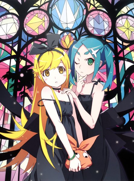 Anime picture 3280x4429 with nisemonogatari shaft (studio) monogatari (series) oshino shinobu ononoki yotsugi watanabe akio long hair tall image looking at viewer blush fringe highres blonde hair twintails bare shoulders multiple girls green eyes yellow eyes payot absurdres