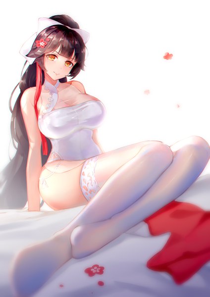 Anime picture 849x1200 with azur lane takao (azur lane) takao (spring learning) (azur lane) asanogawa (tutufcc) single long hair tall image looking at viewer breasts light erotic black hair smile large breasts sitting bare shoulders yellow eyes ponytail hair flower no shoes sleeveless