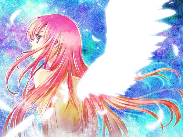 Anime picture 1024x768 with vocaloid megurine luka single long hair blue eyes pink hair profile wallpaper back blue background angel wings girl wings feather (feathers)