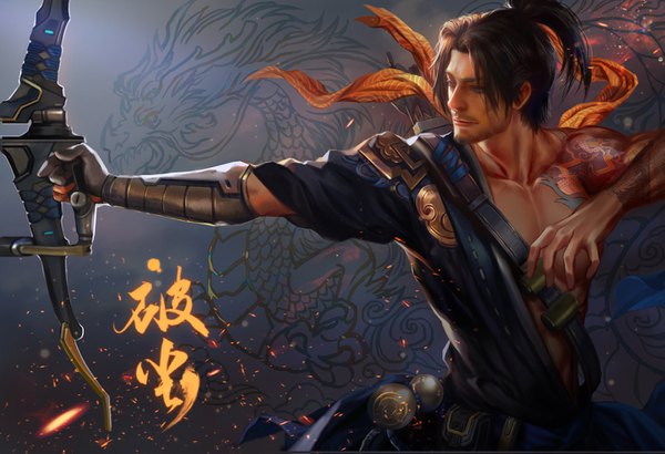 Anime picture 1425x975 with overwatch blizzard entertainment hanzo (overwatch) jiuge single short hair blue eyes black hair standing holding looking away upper body ponytail realistic tattoo outstretched arm hieroglyph muscle boy gloves