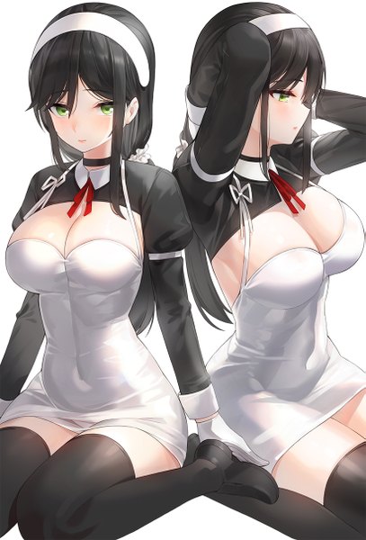 Anime picture 821x1210 with original kfr long hair tall image looking at viewer blush fringe light erotic black hair simple background hair between eyes white background sitting green eyes looking away zettai ryouiki wariza low ponytail arms behind head multiview