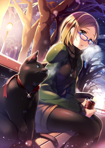 Anime picture 700x990 with original ryuji (ikeriu) tall image blush short hair open mouth blonde hair sitting green eyes girl plant (plants) animal pantyhose tree (trees) glasses cat bench