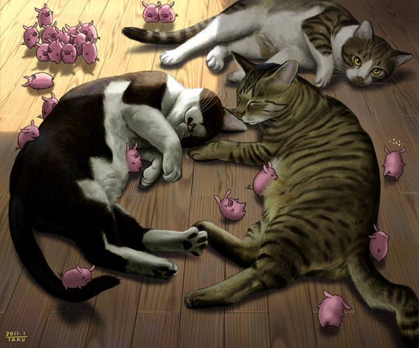 Anime picture 1135x945 with original matataku looking at viewer yellow eyes eyes closed shadow no people animal cat pig