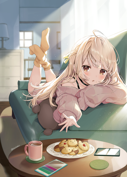 Anime picture 2646x3679 with original akamoku single long hair tall image looking at viewer blush fringe highres open mouth blonde hair brown eyes signed payot ahoge indoors lying braid (braids) sunlight blurry