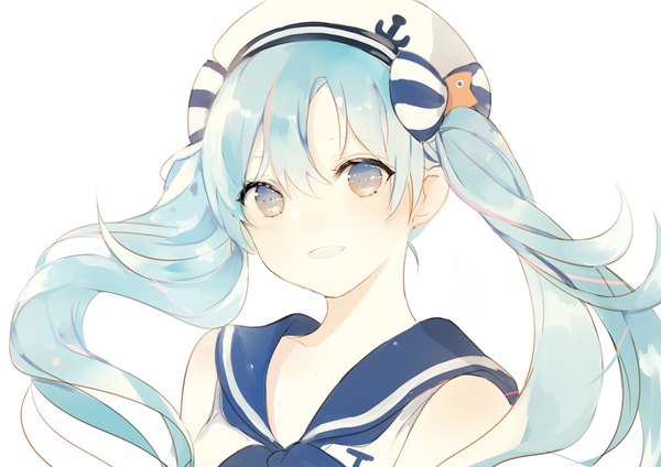 イラスト 877x620 と ボーカロイド 初音ミク marine miku lpip ソロ 長髪 カメラ目線 赤面 前髪 開いた口 simple background 白背景 ツインテール head tilt multicolored hair happy gradient hair multicolored eyes 女の子