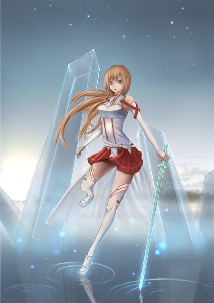 Anime picture 1158x1637 with sword art online a-1 pictures yuuki asuna yazuo single long hair tall image brown hair bare shoulders brown eyes girl thighhighs skirt weapon detached sleeves miniskirt white thighhighs sword crystal