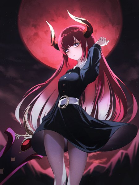 Anime picture 1020x1360 with original neon (pixiv 31150749) single long hair tall image looking at viewer blush fringe standing purple eyes payot outdoors red hair blunt bangs long sleeves parted lips horn (horns) night night sky red moon