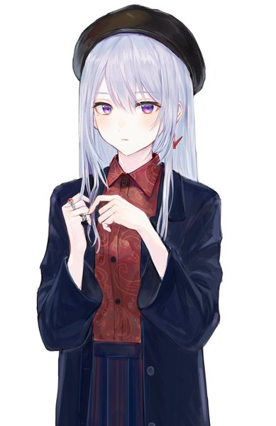 Anime picture 1328x2048 with virtual youtuber nijisanji higuchi kaede iei000 single long hair tall image looking at viewer blush fringe simple background hair between eyes white background purple eyes silver hair open jacket playing with hair girl jacket ring