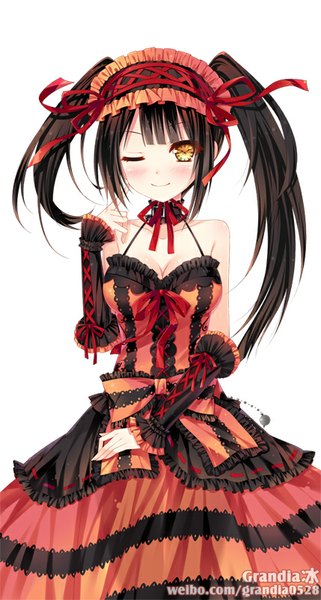 Anime picture 429x800 with date a live tokisaki kurumi grandia bing single long hair tall image blush black hair simple background smile white background twintails bare shoulders yellow eyes one eye closed wink girl dress detached sleeves hairband