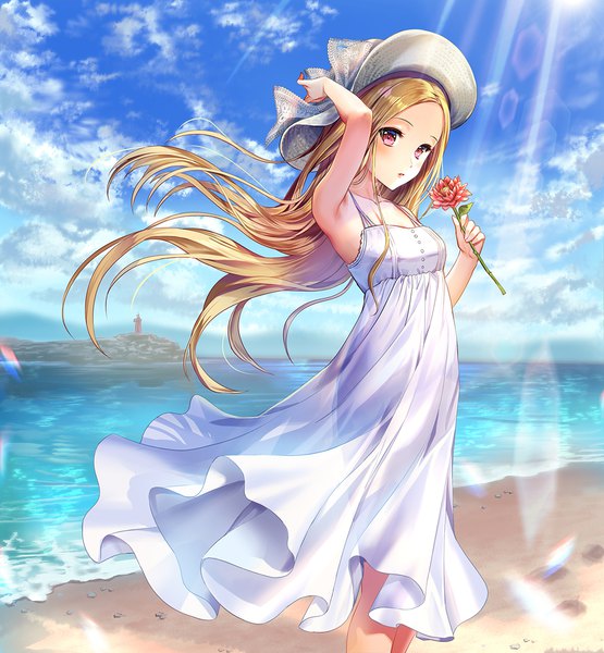 Anime picture 1100x1188 with original esphy single long hair tall image looking at viewer blush breasts blonde hair red eyes standing bare shoulders holding sky cloud (clouds) outdoors parted lips arm up wind sunlight