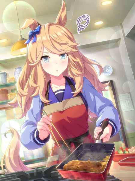 Anime picture 2048x2730 with umamusume gold city (umamusume) single long hair tall image blush highres blue eyes blonde hair standing animal ears looking away indoors tail animal tail official art lens flare steam horse ears horse tail