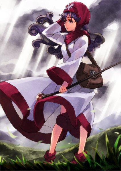 Anime picture 850x1200 with dragon quest dragon quest ii princess of moonbrook matsuryuu single long hair tall image red eyes holding looking away purple hair wind curly hair girl dress plant (plants) hood bag grass staff