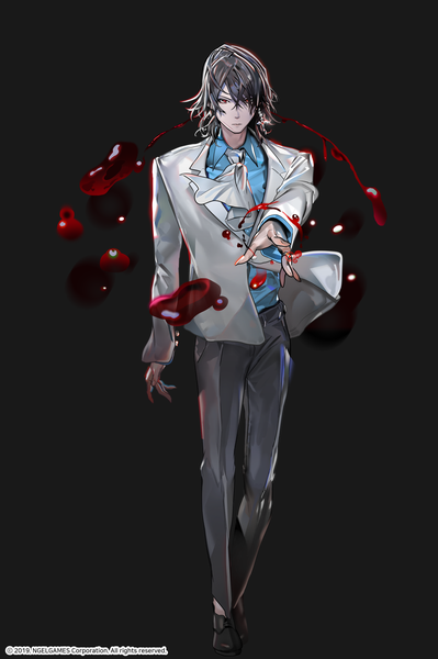Anime picture 1753x2637 with noblesse cadis etrama di raizel leenim single tall image looking at viewer fringe highres short hair black hair simple background hair between eyes red eyes standing full body long sleeves arm up hair over one eye official art watermark