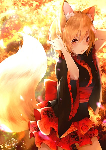 Anime picture 1415x2000 with original chita (ketchup) single tall image looking at viewer blush fringe short hair blonde hair hair between eyes standing brown eyes signed animal ears tail parted lips animal tail arm up sunlight blurry