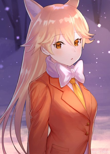 Anime picture 605x850 with kemono friends ezo red fox (kemono friends) emori sakae single long hair tall image blush fringe blonde hair hair between eyes signed animal ears upper body outdoors parted lips orange eyes fox ears snowing snow extra ears