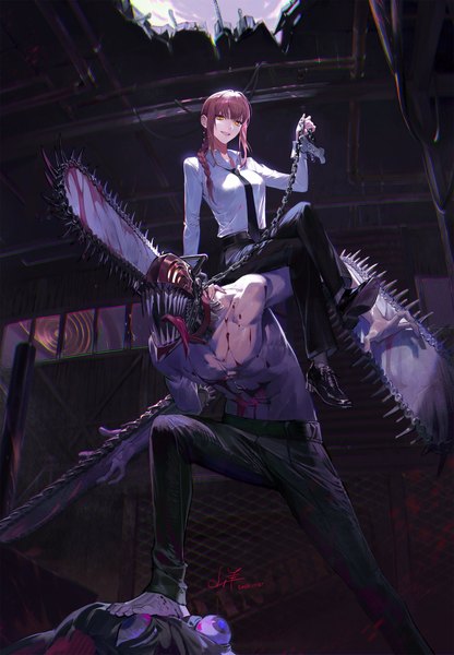 Anime picture 2000x2883 with chainsaw man mappa makima (chainsaw man) denji (chainsaw man) san yang long hair tall image highres sitting yellow eyes full body red hair braid (braids) crossed legs single braid topless sitting on person girl boy shirt