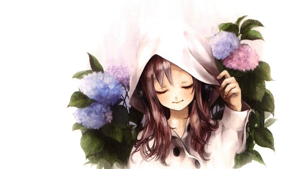 Anime picture 2280x1325 with original pixiv girls collection 2011 single long hair fringe highres simple background smile brown hair wide image white background eyes closed girl flower (flowers) hood