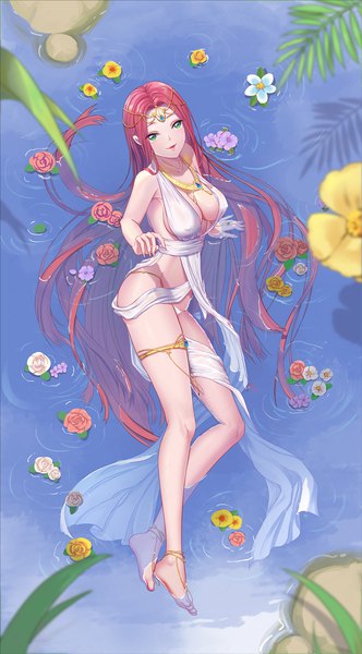 Anime picture 1200x2168 with original slinly liang single long hair tall image looking at viewer blush breasts open mouth light erotic smile large breasts green eyes payot cleavage full body red hair barefoot fingernails from above