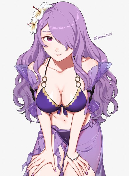 Anime picture 1598x2162 with fire emblem fire emblem heroes fire emblem fates nintendo camilla (fire emblem) camilla (summer) (fire emblem) peach11 01 single long hair tall image looking at viewer fringe breasts light erotic simple background smile white background purple eyes signed purple hair