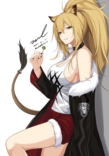 Anime-Bild 1000x1432 mit arknights siege (arknights) unel single long hair tall image fringe breasts light erotic simple background blonde hair hair between eyes large breasts white background signed animal ears yellow eyes bent knee (knees) ponytail tail