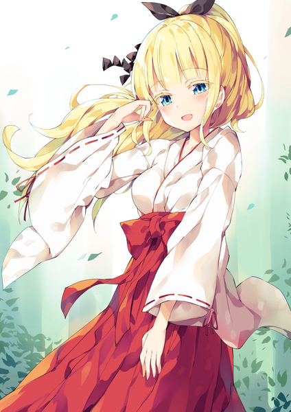 Anime picture 1071x1514 with kishuku gakkou no juliet lidenfilms juliet persia unacchi (nyusankin) single long hair tall image looking at viewer blush fringe open mouth blue eyes blonde hair smile standing payot outdoors blunt bangs long sleeves traditional clothes
