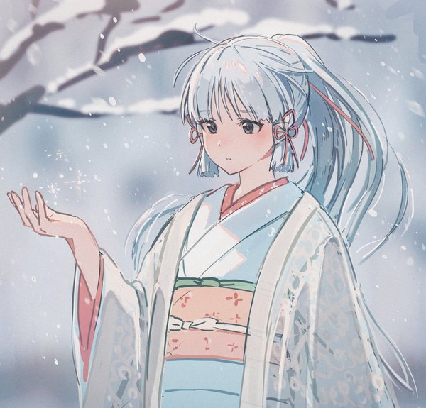 Anime picture 2048x1961 with genshin impact kamisato ayaka hajikkoneko single long hair blush fringe highres looking away silver hair upper body outdoors ponytail traditional clothes parted lips japanese clothes arm up black eyes wide sleeves alternate costume