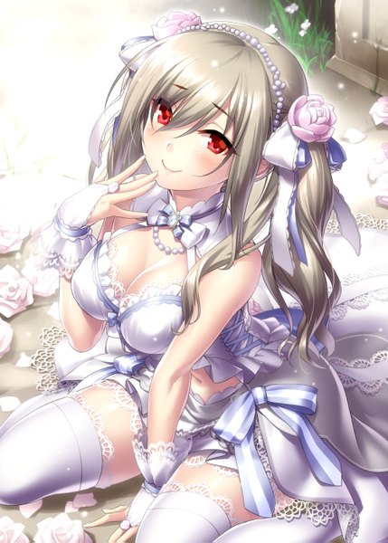 Anime picture 1000x1399 with idolmaster idolmaster cinderella girls idolmaster cinderella girls starlight stage kanzaki ranko zen (kamuro) single long hair tall image looking at viewer blush fringe breasts smile hair between eyes red eyes large breasts sitting twintails bare shoulders payot