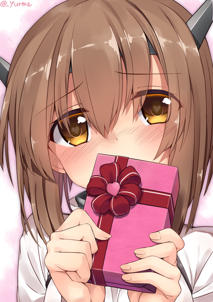 Anime picture 707x1000 with kantai collection taihou armored aircraft carrier adyisu single tall image looking at viewer blush short hair hair between eyes brown hair brown eyes signed symbol-shaped pupils covered mouth valentine heart-shaped pupils girl gift
