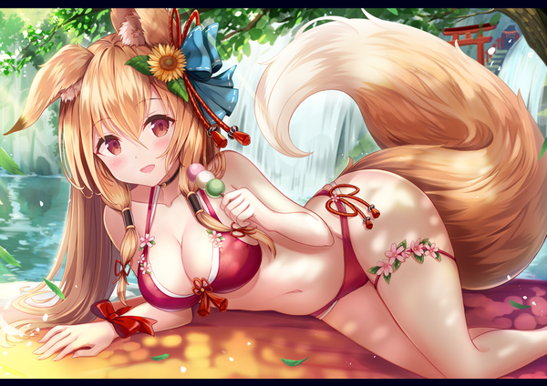 Anime picture 1300x919 with original sakura ani single long hair looking at viewer blush fringe breasts open mouth light erotic smile red eyes animal ears payot cleavage bent knee (knees) outdoors tail lying :d